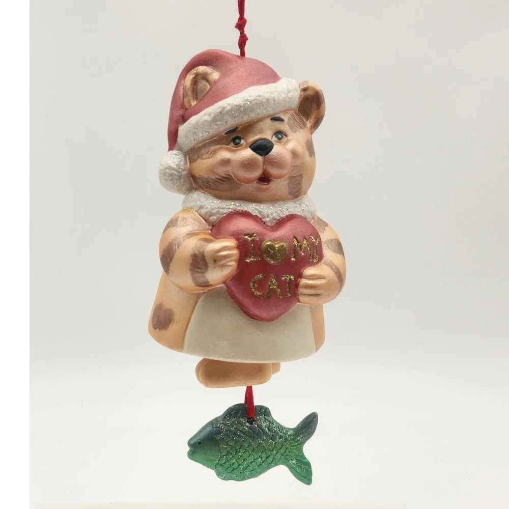 Cat In Santa Hat Holding I Love My Cat Heart Glitter Fish Clapper Ceramic 1998